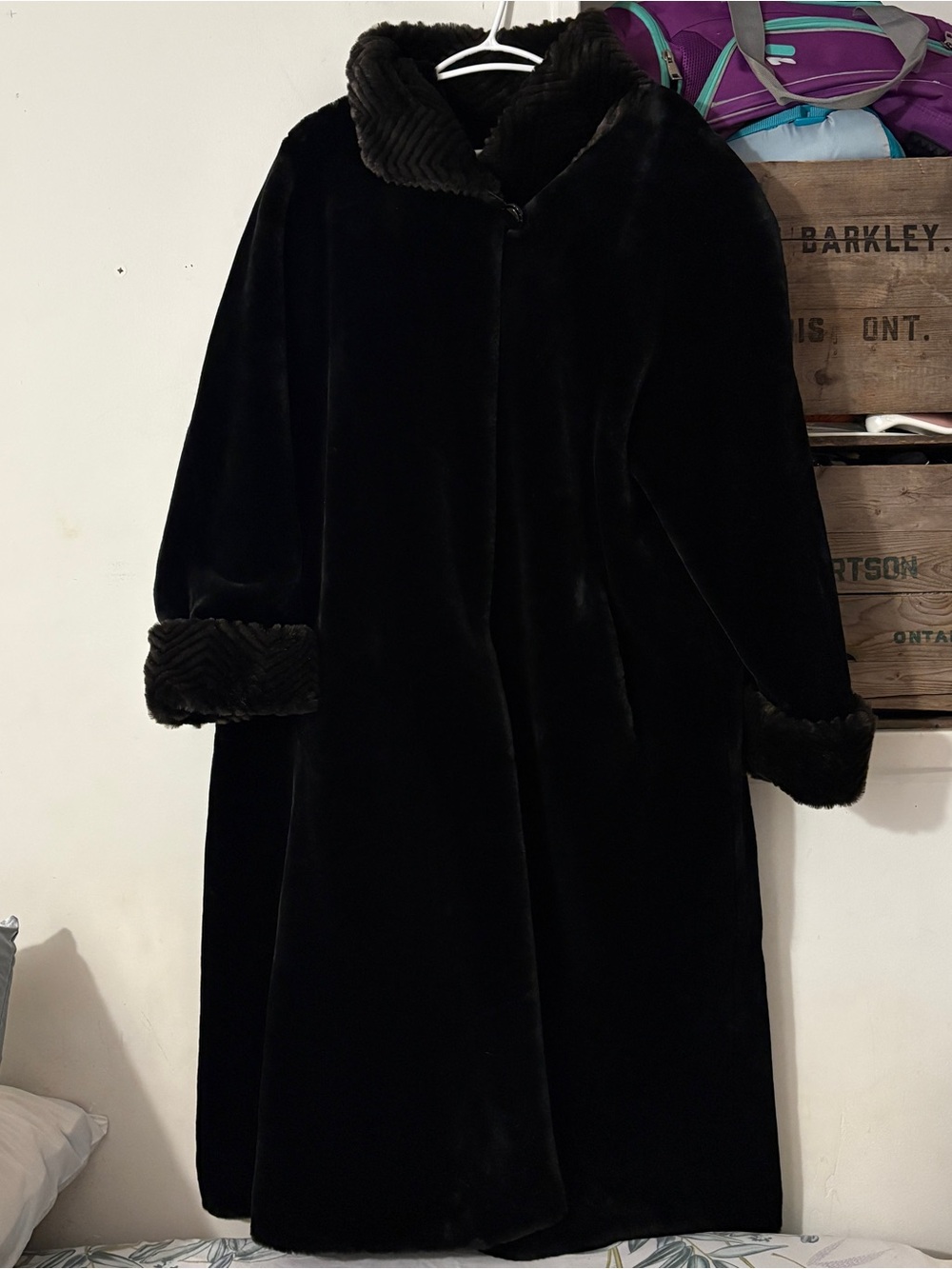 Novelti Luxurious Black Faux Fur Long Coat with Chevron Collar and Cuffs Size 12